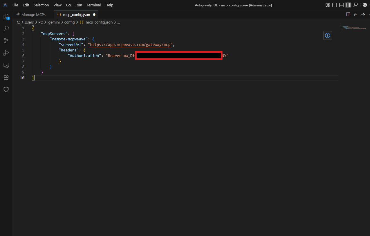 Antigravity mcp_config.json 에 mcpweave 등록