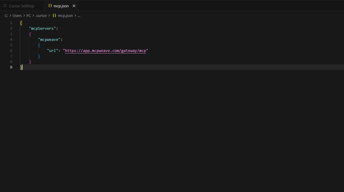 Cursor ~/.cursor/mcp.json 에 mcpweave url 등록